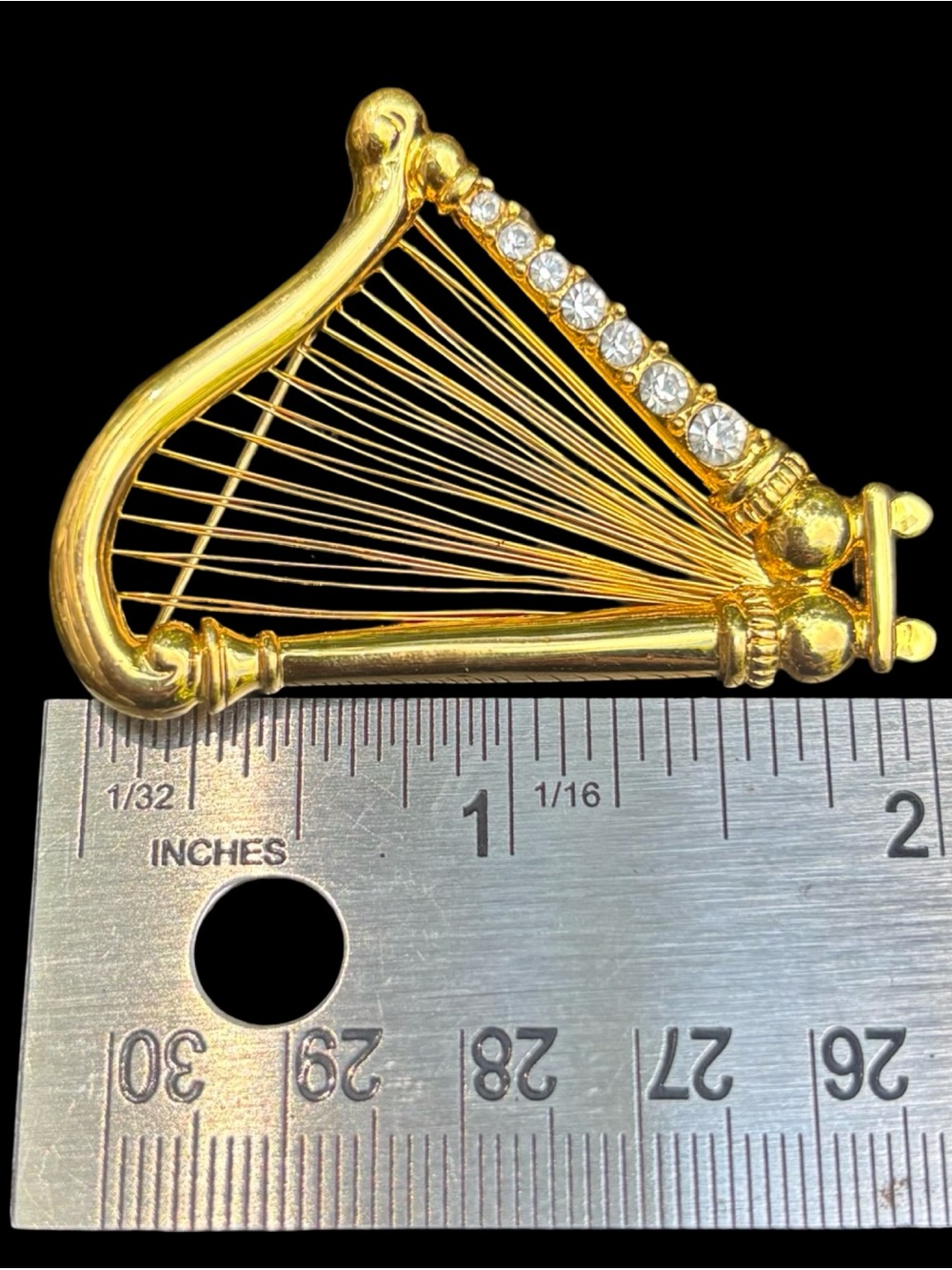 Vintage 80’s Monet Gold Tone Harp Brooch Rhinestone Musical Instrument Pin 2" - Picture 5 of 6